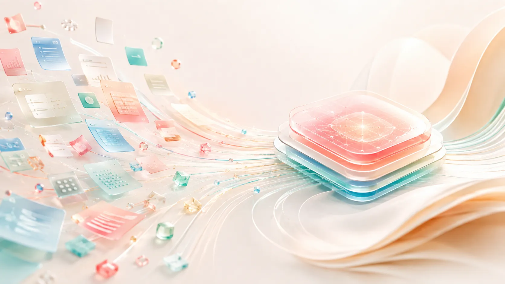 Abstract visualization of fragmented company knowledge converging into a shared memory layer