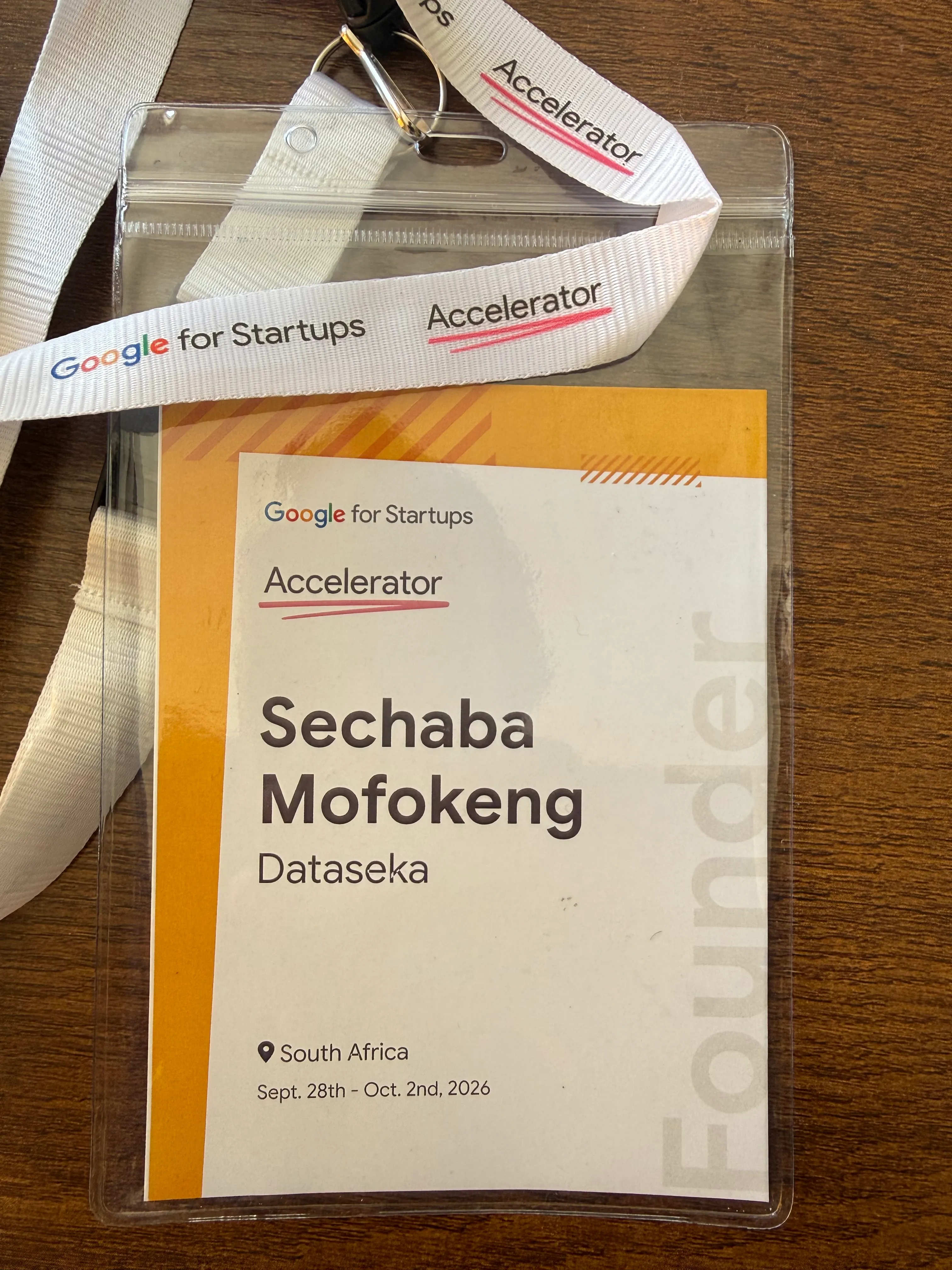 Google for Startups Accelerator South Africa 2026 participant pass for Dataseka founder Sechaba Mofokeng
